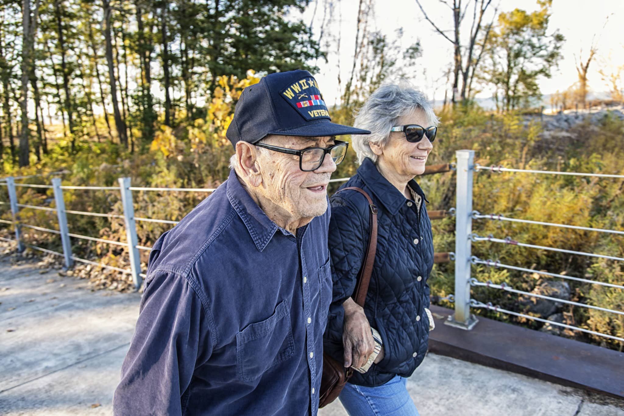 WWII USA Military War Veteran Father and Daughter Walking