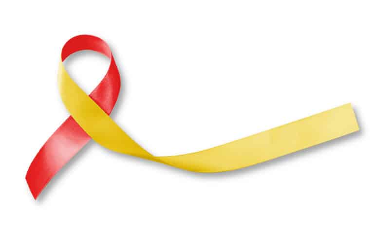 World hepatitis day and HIV/ HCV co-infection awareness with red yellow ribbon (isolated with clipping path on white background)