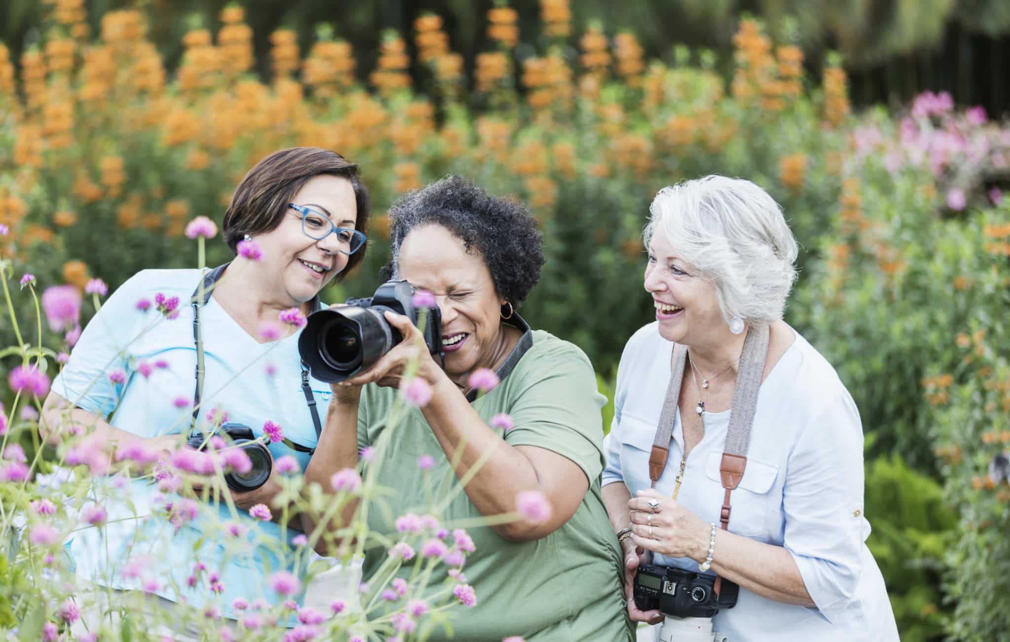 Three senior women taking photos in garden