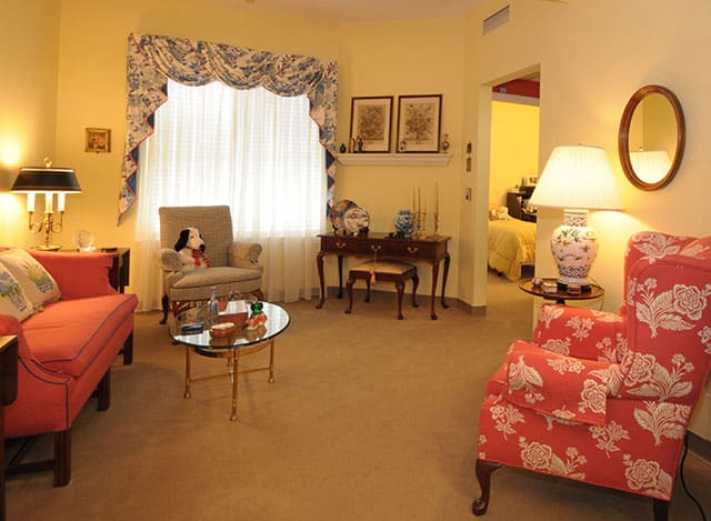 Barbara Crane in her beautiful assisted living apartment at Collingwood.