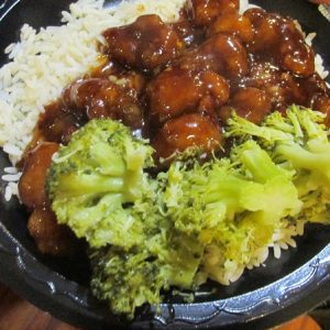 General Tso's chicken, rice, and broccoli bowl
